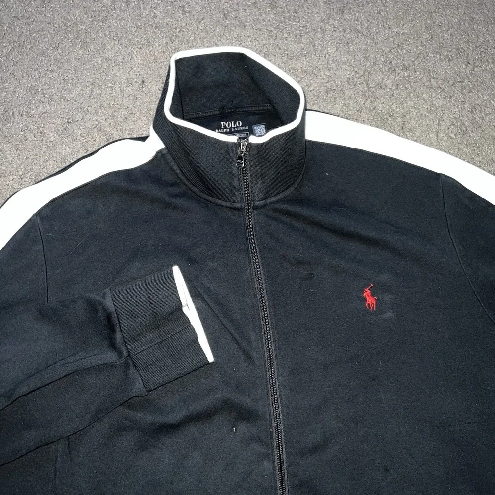 Polo Ralph Lauren Track Jacket Mens XL Black White Stripe Full Zip Pony